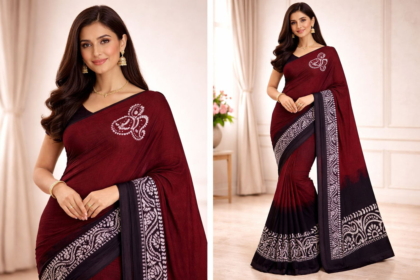 Hand Printed Cotton Saree – Dark Brown with Black Contrast Border 🌿