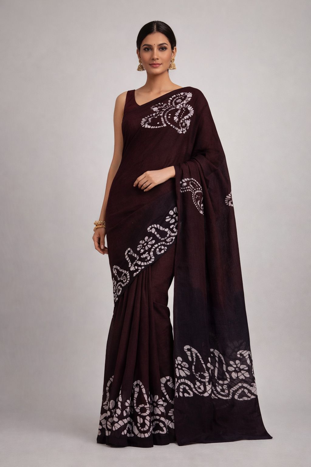 Hand Printed Cotton Saree – coffee with Black Contrast Border 🌿