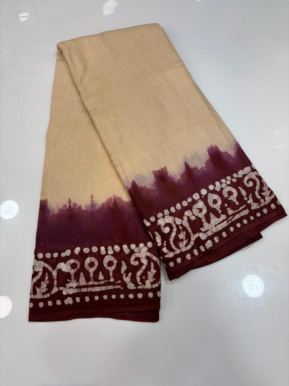 Hand Printed Cotton Saree – cream with brown Contrast Border 🌿