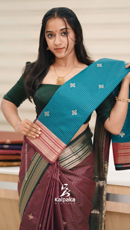 Art silk saree - peacock blue color with contrast border ✨