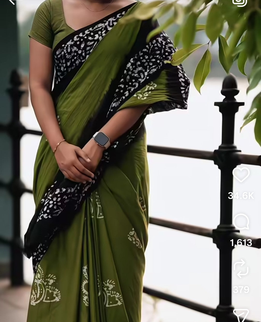 Hand Printed Cotton Saree – Green with Black Contrast Border 🌿
