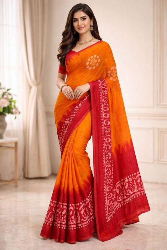 Hand Printed Cotton Saree – Orange with Red Contrast Border 🌿