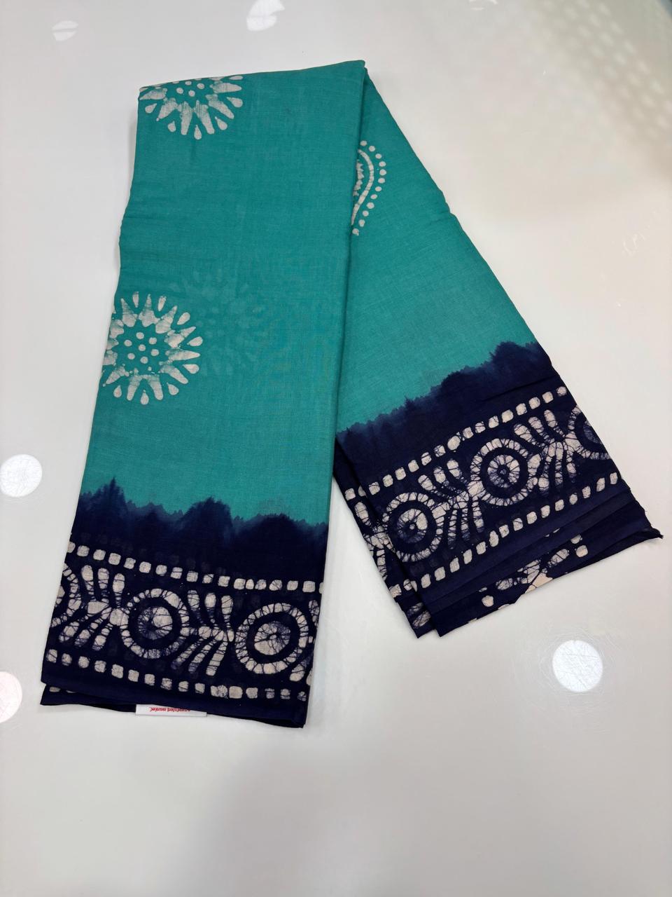 Hand Printed Cotton Saree – Teal with Navy blue Contrast Border 🌿