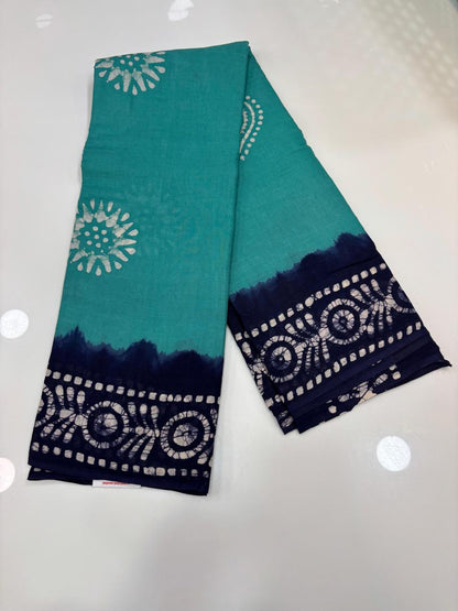 Hand Printed Cotton Saree – Teal with Navy blue Contrast Border 🌿