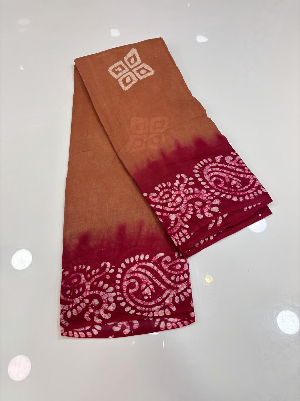 Hand Printed Cotton Saree – chikku  with pink Contrast Border 🌿