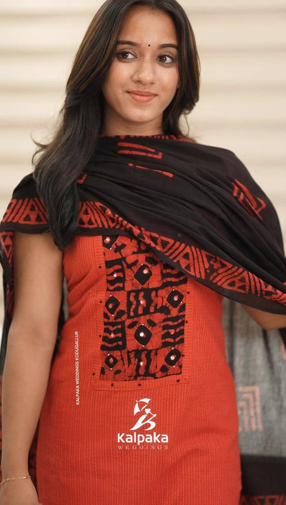 ✨ Cotton Kantha Print unstitched salwar Set-Red with black ✨