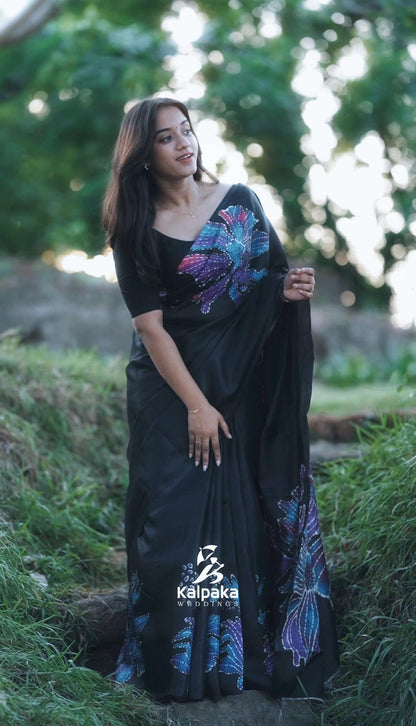 multicolor printed Black Saree🌈