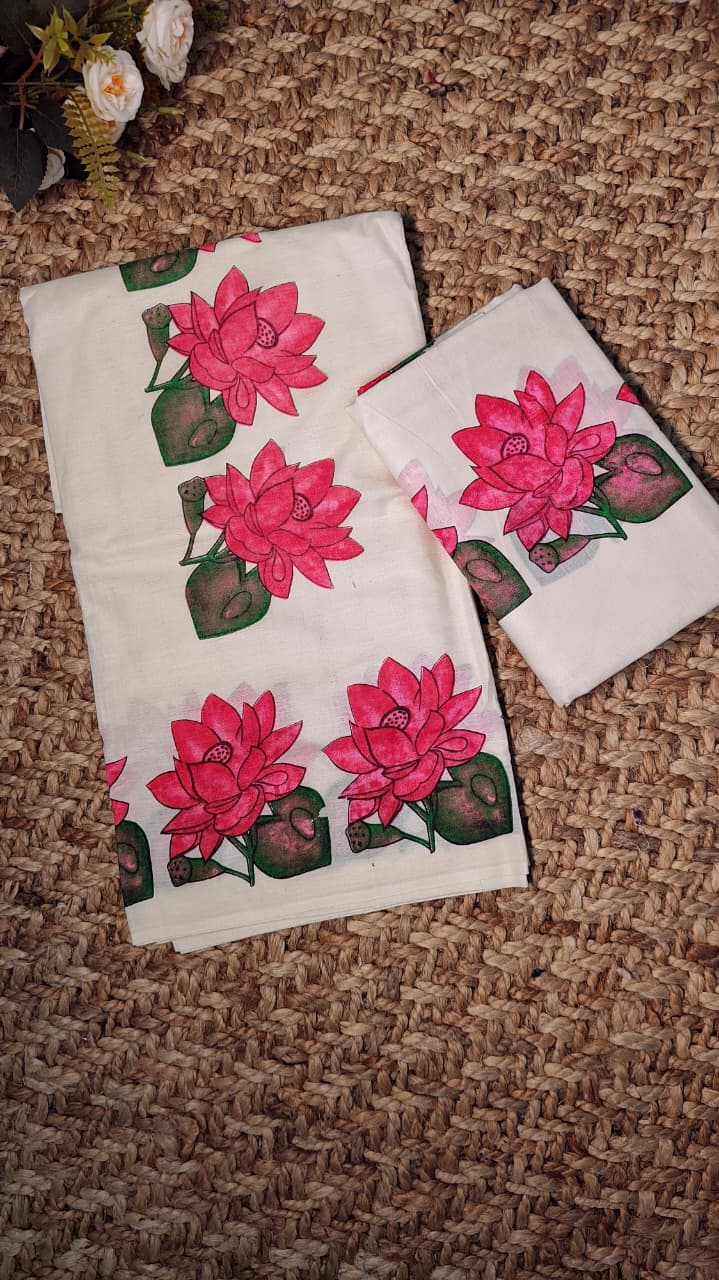 Ready to wear Painted Lotus Set Mundu 🌸K5006🌸