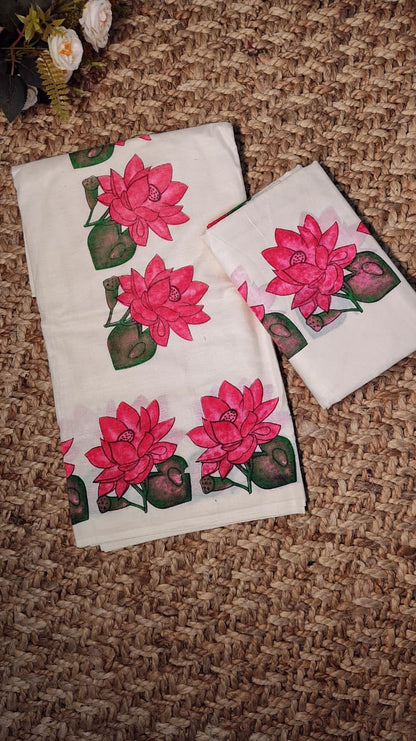 Ready to wear Painted Lotus Set Mundu 🌸K5006🌸